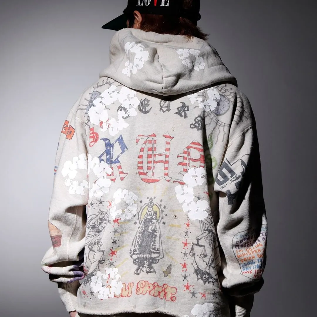 DENIM TEARS × ©SAINT M×××××× "SAINT TEARS" Graffiti Hoodie Joint Model Cotton Graffiti Hoodie Fully Printed Washed Distressed Holes Vintage Sweatshirt Gray S-XL Super Heavy Duty! The whole piece is printed with 35 screens and counterpoint printing!